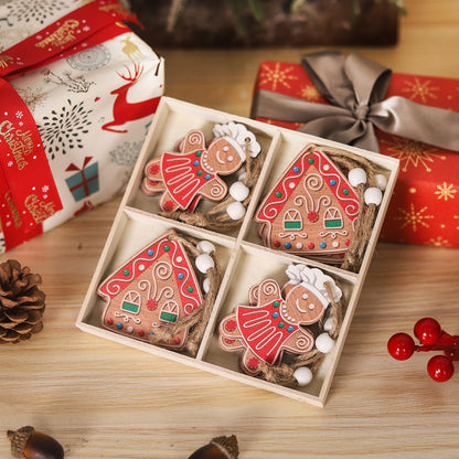 Christmas ornament four-square grid 12PCS wooden gingerbread