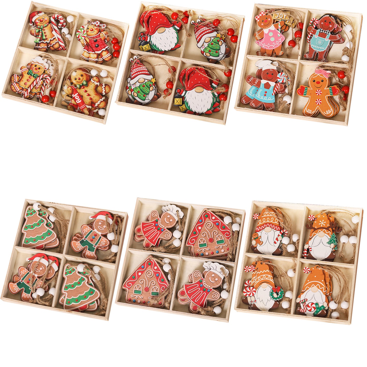 Christmas ornament four-square grid 12PCS wooden gingerbread