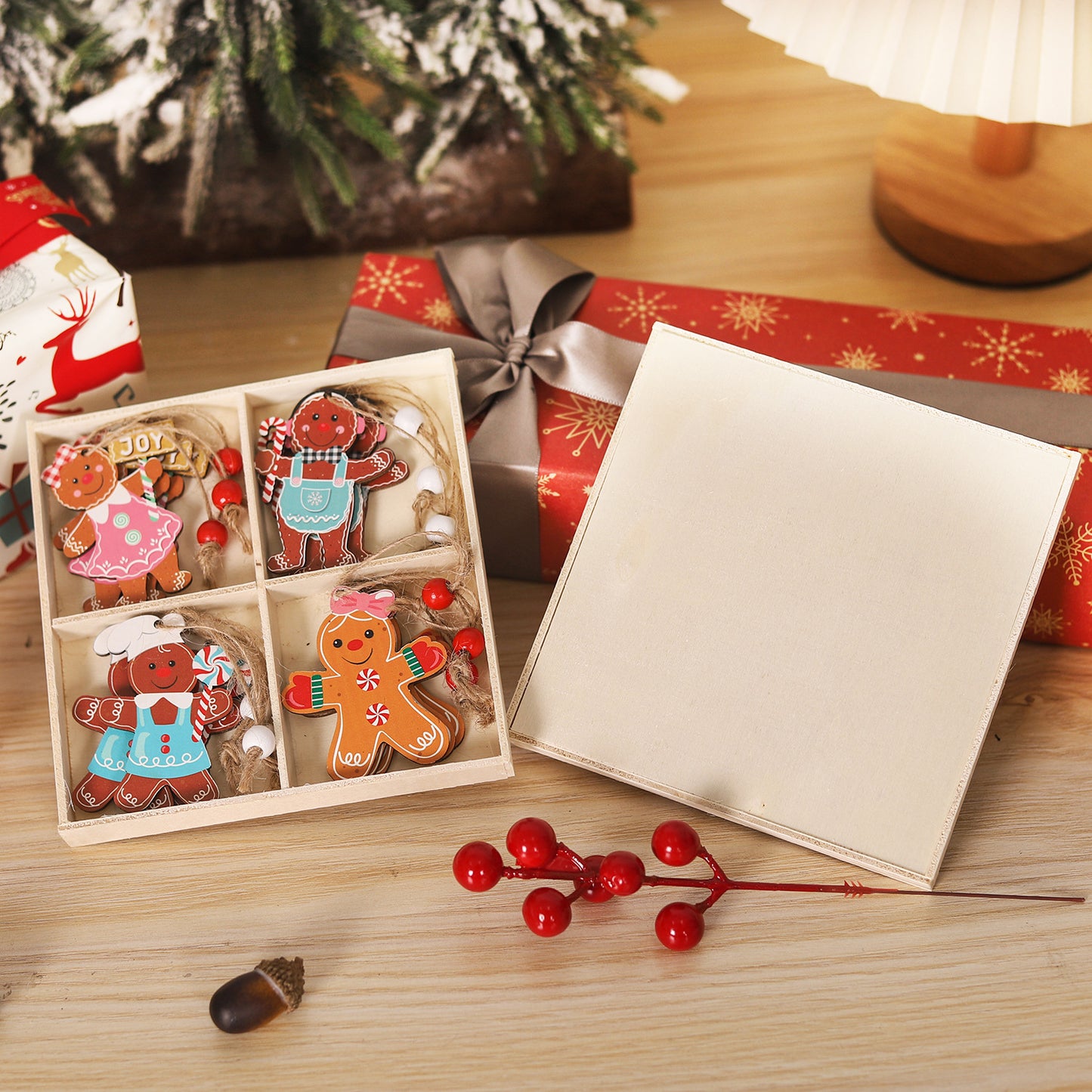 Christmas ornament four-square grid 12PCS wooden gingerbread